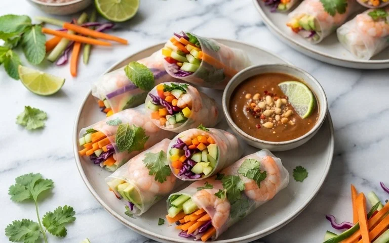 Rainbow Spring Rolls with Gin Extractger Peanut Sauce