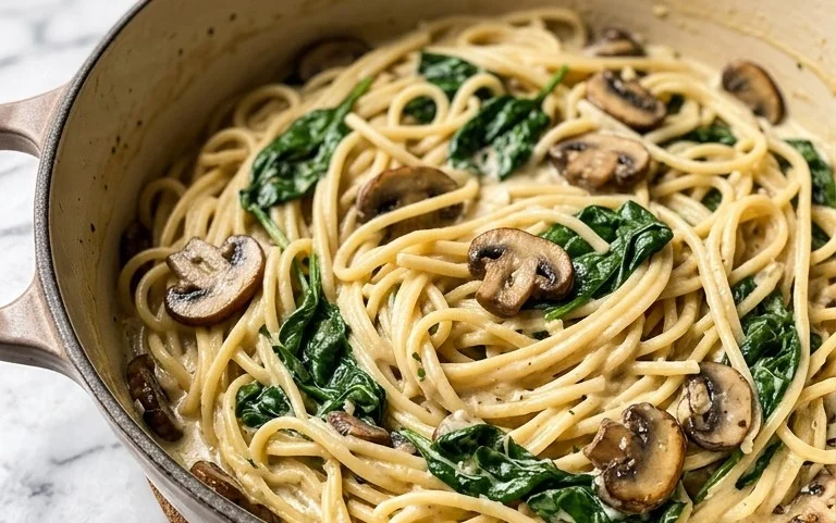 One-Pot Garlic Parmesan Pasta with Spinach and Mushrooms