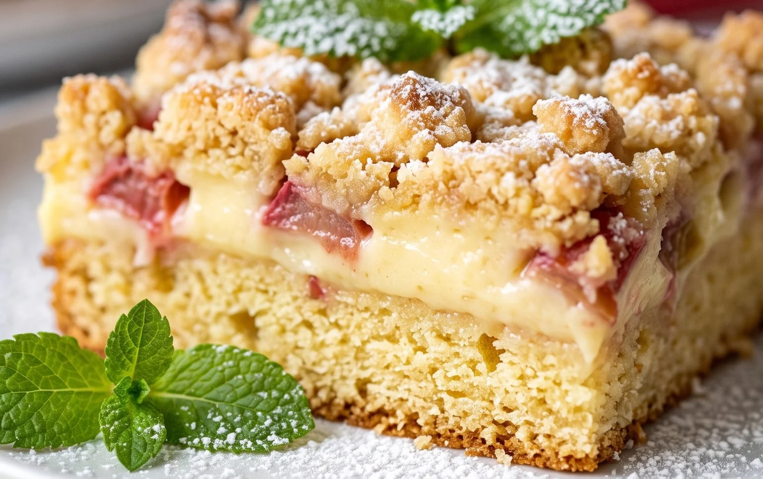 Rhabarberkuchen mit Pudding und Streuseln – wie von Oma