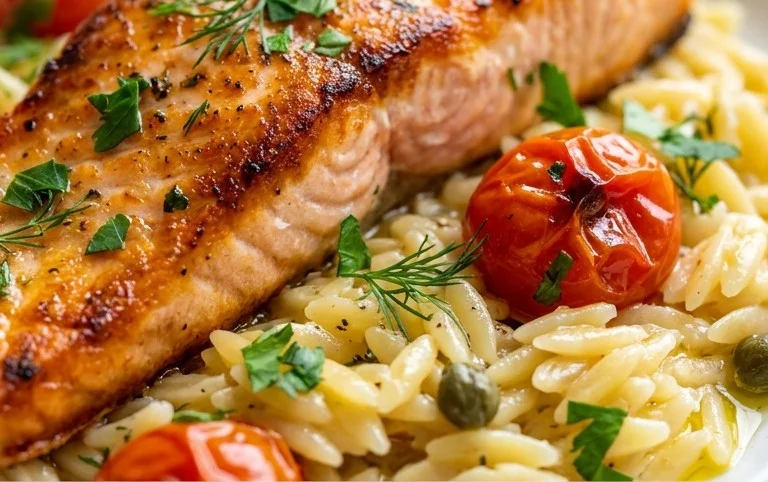 One Skillet Salmon with Lemon Orzo