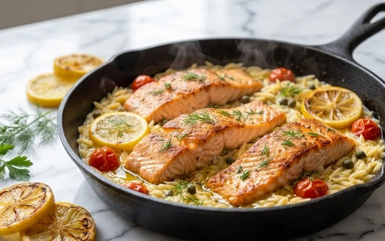 One Skillet Salmon with Lemon Orzo
