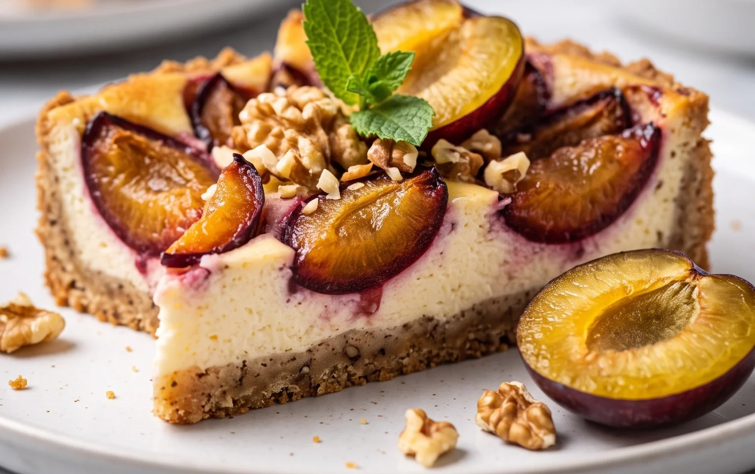 Zwetschgen-Topfenkuchen mit Nuss-Mürbteig